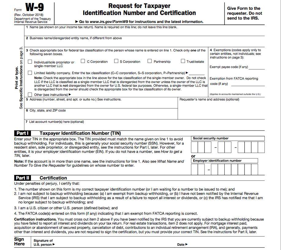 Current W 9 Form Irs